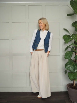 Rosie Wide Leg, Lightweight Trousers with Pleated Front &amp; Side Pockets - Black, Blue/Grey, Off White and Stone