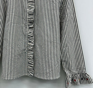 Amanda Striped Blouse with Ruffle Details and Embroidered Flowers - Navy/White