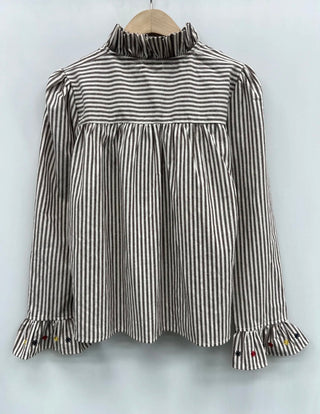 Amanda Striped Blouse with Ruffle Details and Embroidered Flowers - Navy/White