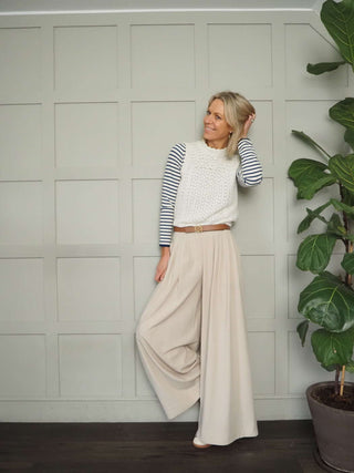 Rosie Wide Leg, Lightweight Trousers with Pleated Front &amp; Side Pockets - Black, Blue/Grey, Off White and Stone