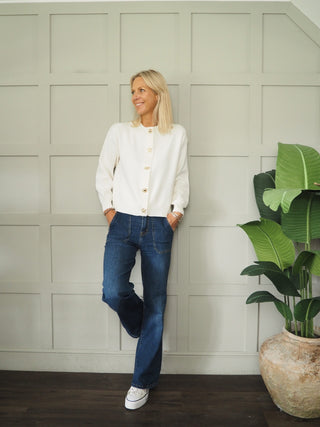 Docking Long Sleeve Cardigan with Coastal Popper Fastenings - Off White