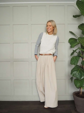 Rosie Wide Leg, Lightweight Trousers with Pleated Front &amp; Side Pockets - Black, Blue/Grey, Off White and Stone