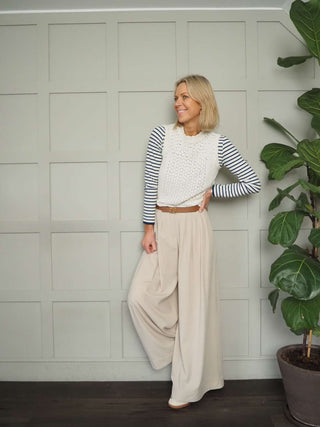 Rosie Wide Leg, Lightweight Trousers with Pleated Front &amp; Side Pockets - Black, Blue/Grey, Off White and Stone