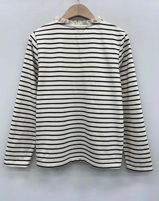 Tam Long Sleeve Stripe T Shirt with Buttons and Broderie Anglaise Detail - Black/Ecru