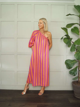 Clodagh One Shoulder, Striped Maxi Dress - Blue/Pink, Pink/Orange