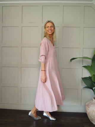 Mia Linen Dress - Navy Blue, Pink, Sky Blue