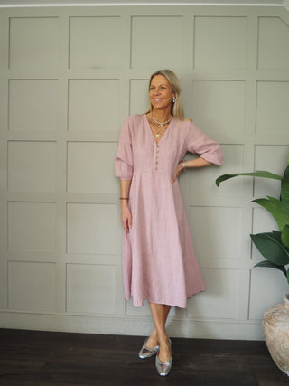 Mia Linen Dress - Navy Blue, Pink, Sky Blue