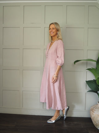 Mia Linen Dress - Navy Blue, Pink, Sky Blue