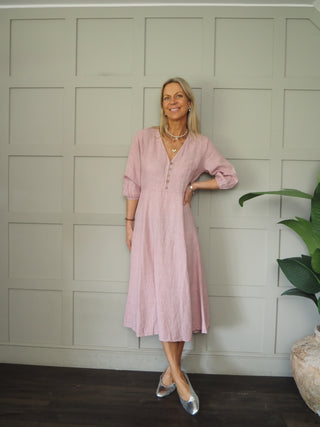 Mia Linen Dress - Navy Blue, Pink, Sky Blue