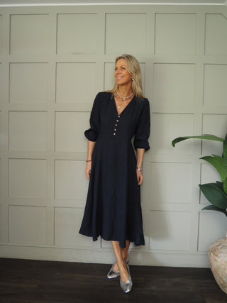 Mia Linen Dress - Navy Blue, Pink, Sky Blue