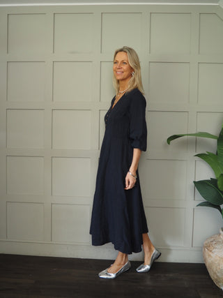 Mia Linen Dress - Navy Blue, Pink, Sky Blue