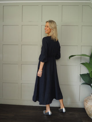 Mia Linen Dress - Navy Blue, Pink, Sky Blue