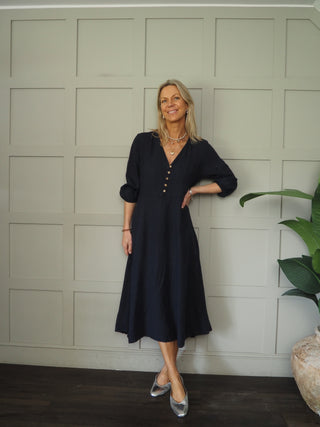 Mia Linen Dress - Navy Blue, Pink, Sky Blue