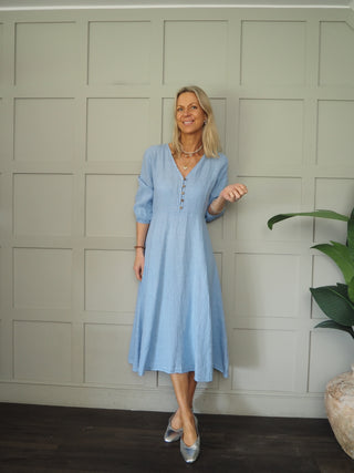 Mia Linen Dress - Navy Blue, Pink, Sky Blue