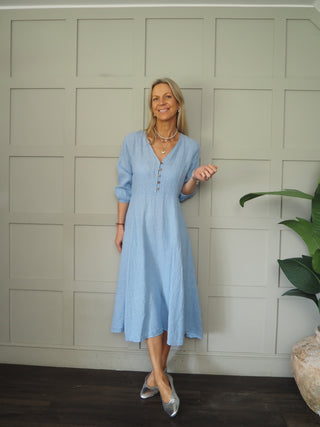 Mia Linen Dress - Navy Blue, Pink, Sky Blue