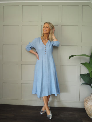 Mia Linen Dress - Navy Blue, Pink, Sky Blue