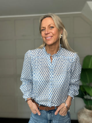 Olbia Blouse with Ruffle Collar by Luella - Blue/White, Blue/Pink, Neon Orange/Pink