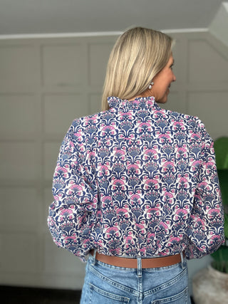 Olbia Blouse with Ruffle Collar by Luella - Blue/White, Blue/Pink, Neon Orange/Pink