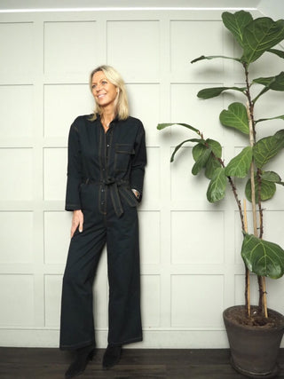 Ady Cotton Wide Leg Jumpsuit with Belt by Frnch - Forest Green