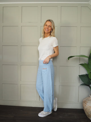 Ola Wide Leg, Linen Trousers with Front Pockets &amp; Trim Detail - 9 Colours