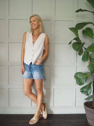 Everley Linen Waistcoat, Unlined with Faux Pockets &amp; Wooden Front Button Detail - 5 Colours