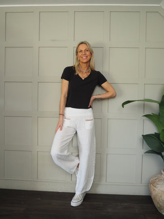 Ola Wide Leg, Linen Trousers with Front Pockets &amp; Trim Detail - 9 Colours