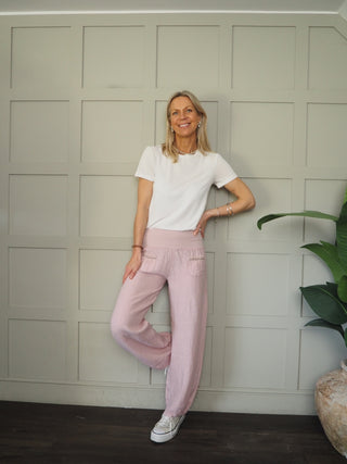 Ola Wide Leg, Linen Trousers with Front Pockets &amp; Trim Detail - 9 Colours