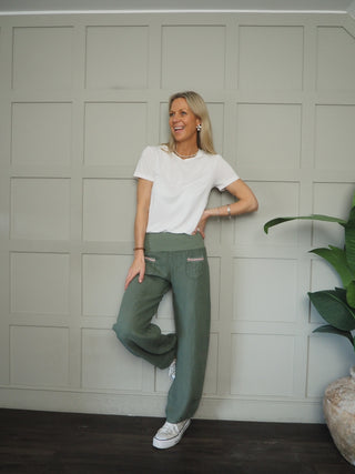 Ola Wide Leg, Linen Trousers with Front Pockets &amp; Trim Detail - 9 Colours