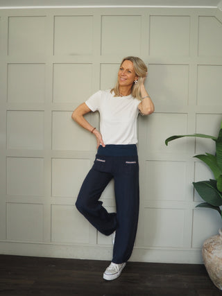 Ola Wide Leg, Linen Trousers with Front Pockets &amp; Trim Detail - 9 Colours