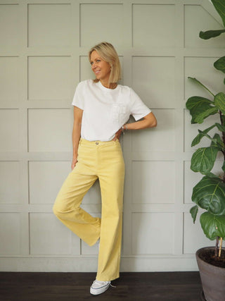 Rella Corduroy Straight Leg Trousers by Soaked - Ecru, Lemon Yellow