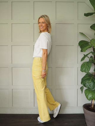 Rella Corduroy Straight Leg Trousers by Soaked - Ecru, Lemon Yellow