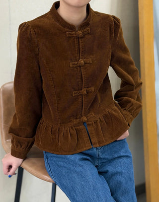 Mila Lightweight Corduroy Peplum Jacket with Toggle Fastenings - Ecru, Tan