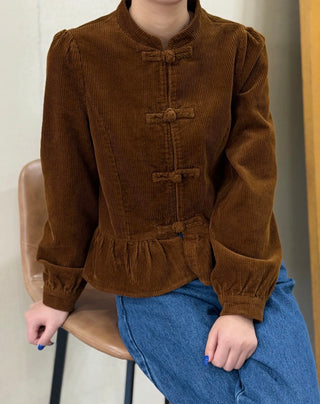 Mila Lightweight Corduroy Peplum Jacket with Toggle Fastenings - Ecru, Tan