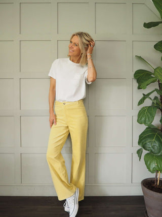 Rella Corduroy Straight Leg Trousers by Soaked - Ecru, Lemon Yellow