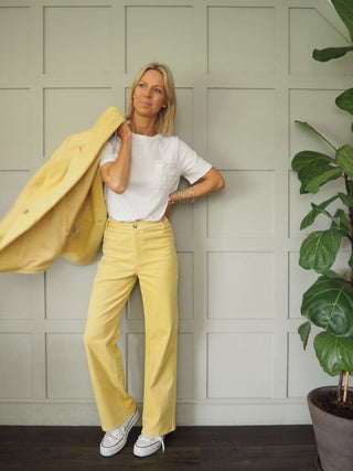 Rella Corduroy Straight Leg Trousers by Soaked - Ecru, Lemon Yellow