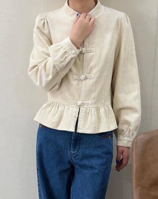 Mila Lightweight Corduroy Peplum Jacket with Toggle Fastenings - Ecru, Tan