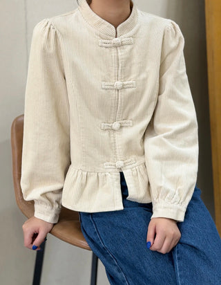 Mila Lightweight Corduroy Peplum Jacket with Toggle Fastenings - Ecru, Tan