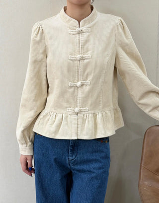 Mila Lightweight Corduroy Peplum Jacket with Toggle Fastenings - Ecru, Tan