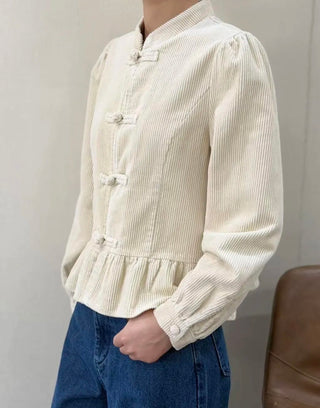 Mila Lightweight Corduroy Peplum Jacket with Toggle Fastenings - Ecru, Tan
