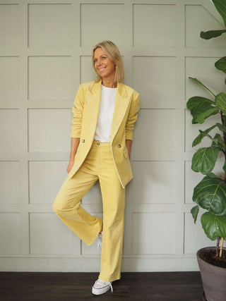 Rella Double-Breasted, Lined Corduroy Blazer by Soaked - Ecru and Lemon Yellow