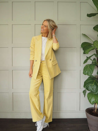 Rella Double-Breasted, Lined Corduroy Blazer by Soaked - Ecru and Lemon Yellow