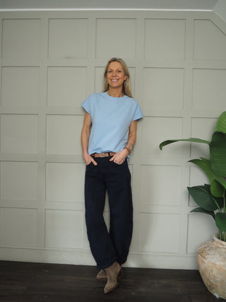 Nancy Capped Sleeve T Shirt with Round Neck - Navy Blue, Pink, Sky Blue, Stone, White