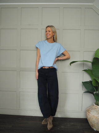 Nancy Capped Sleeve T Shirt with Round Neck - Navy Blue, Pink, Sky Blue, Stone, White