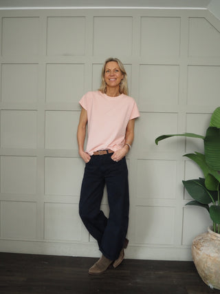 Nancy Capped Sleeve T Shirt with Round Neck - Navy Blue, Pink, Sky Blue, Stone, White