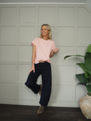 Nancy Capped Sleeve T Shirt with Round Neck - Navy Blue, Pink, Sky Blue, Stone, White