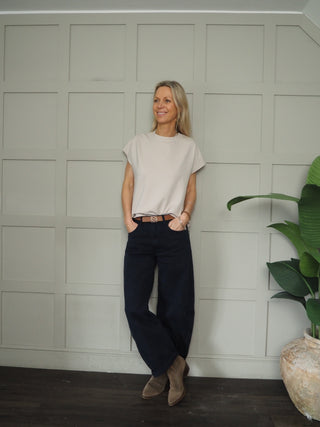 Nancy Capped Sleeve T Shirt with Round Neck - Navy Blue, Pink, Sky Blue, Stone, White