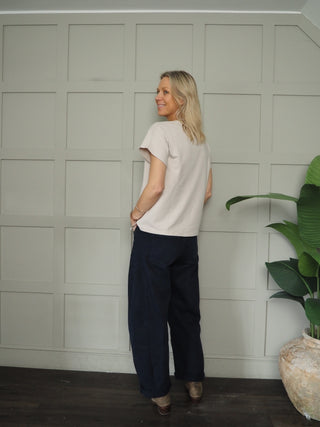 Nancy Capped Sleeve T Shirt with Round Neck - Navy Blue, Pink, Sky Blue, Stone, White
