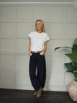 Nancy Capped Sleeve T Shirt with Round Neck - Navy Blue, Pink, Sky Blue, Stone, White