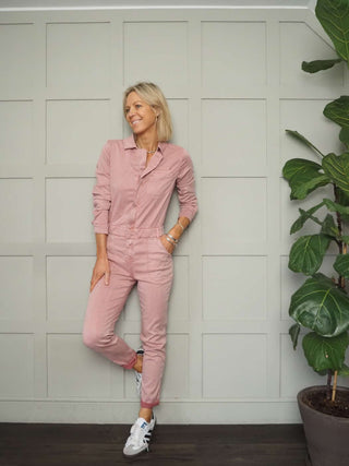 Jessie Long Sleeved Jumpsuit - Front Zip Fastening, Ruched Waist Detail &amp; Skinny Fit Leg with Stretch - Black, Green, Pink, Stone