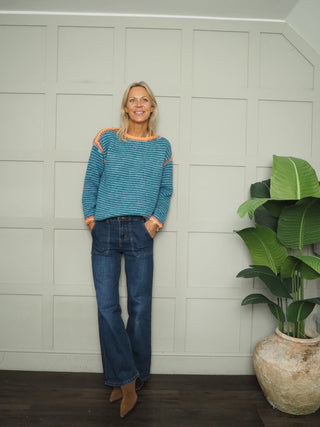 Lily Stripe Jumper with Neon Trim - Blue/White/Pink, Green/Blue/Orange